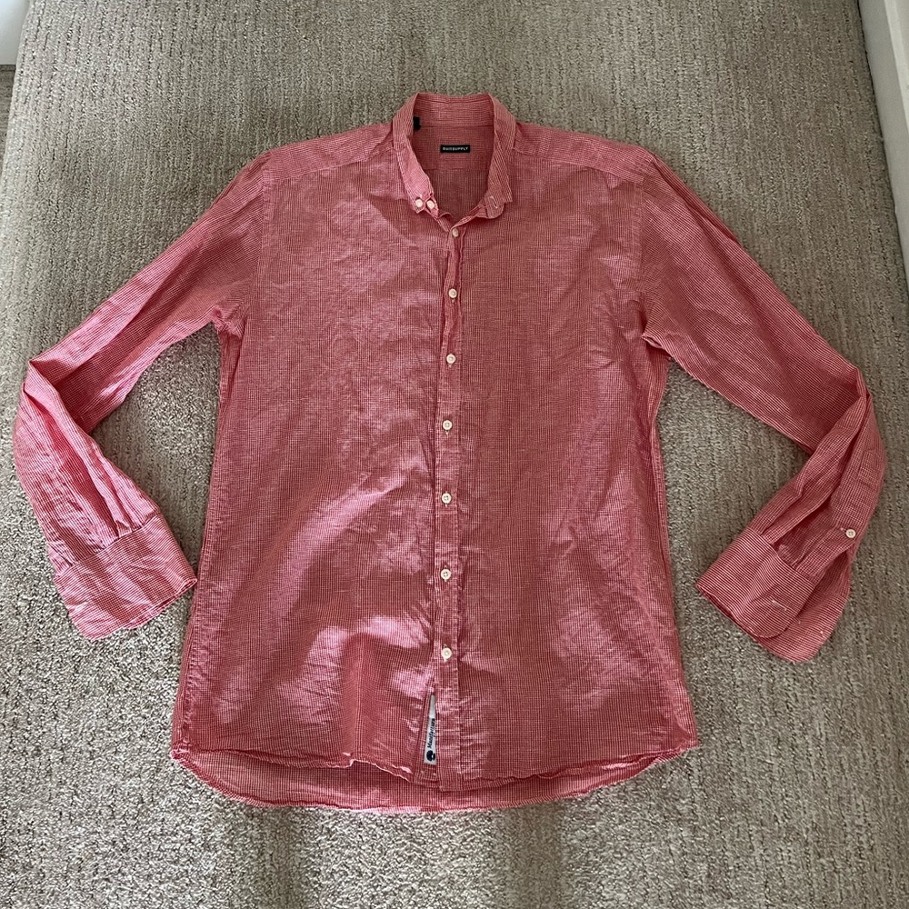 SUITSUPPLY linen Cotton Button Down Shirt Red Gingham 40 15.75